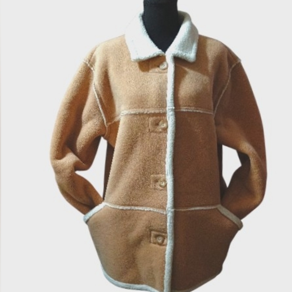 Jacket Fleece Lined Western Style Activewear Winter Coat Beige Button Up Sz L